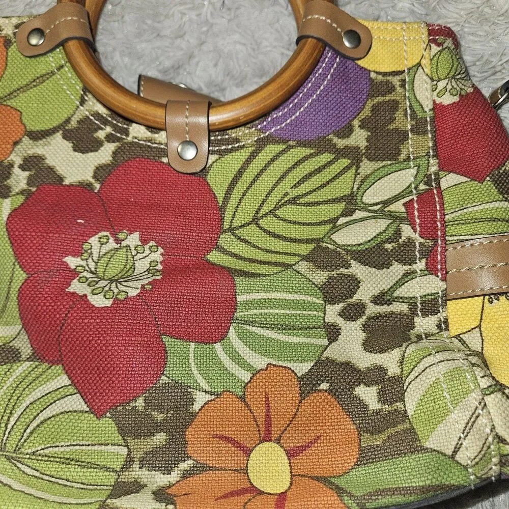 Y2K Relic Fossil Leopard Floral Bag Purse Wooden Handles Crossbody Denim Canvas